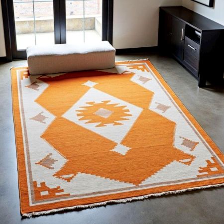 Hand Knotted Orange And Ivory Wool Rug